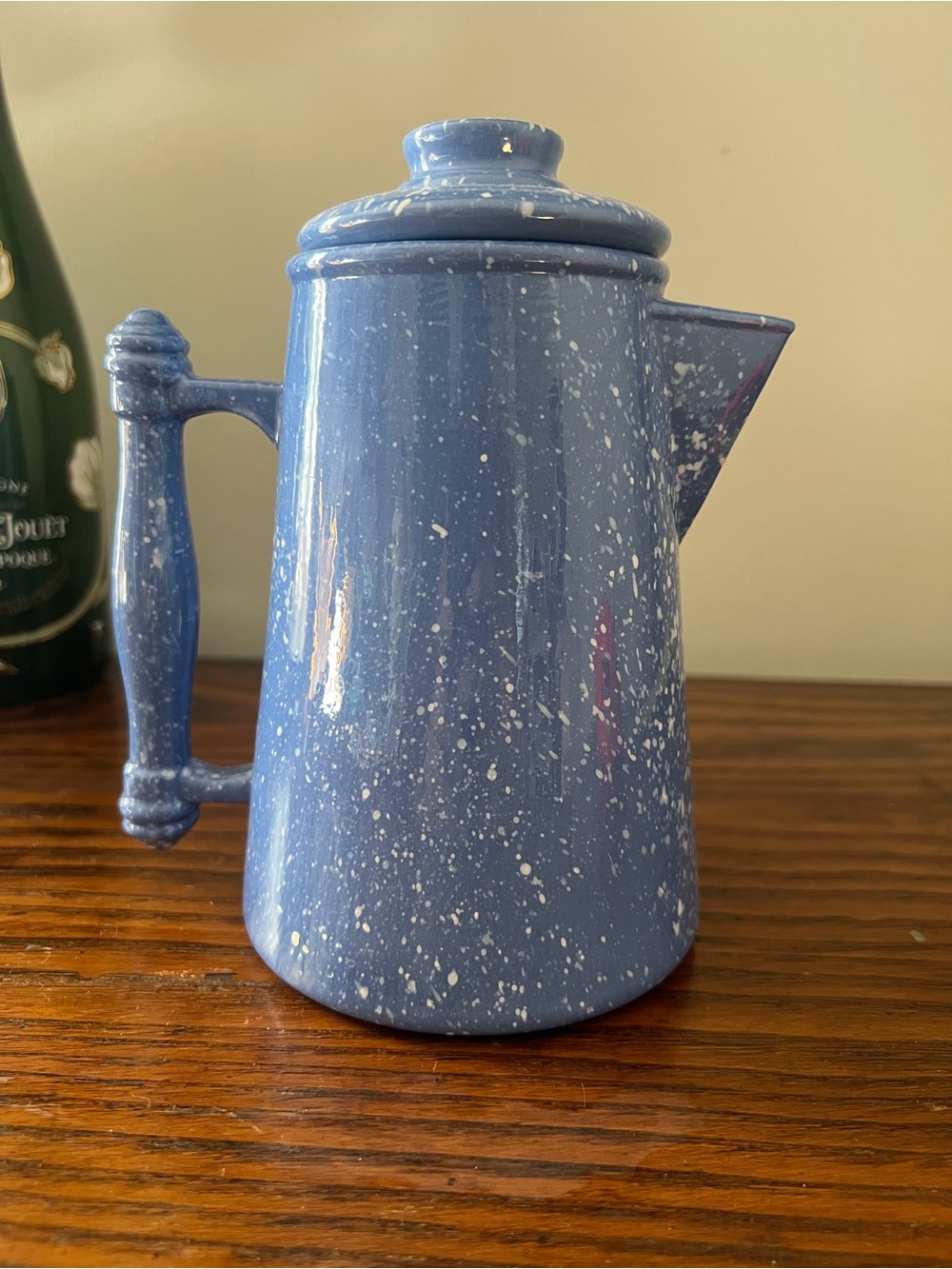 Vintage style blue splatter ceramic coffee pot picture with lid rustic Farmhouse